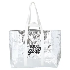 100% That Girl Large Silver Wrinkle Carry All Bag | Big Grocery Shopping Tote Bag