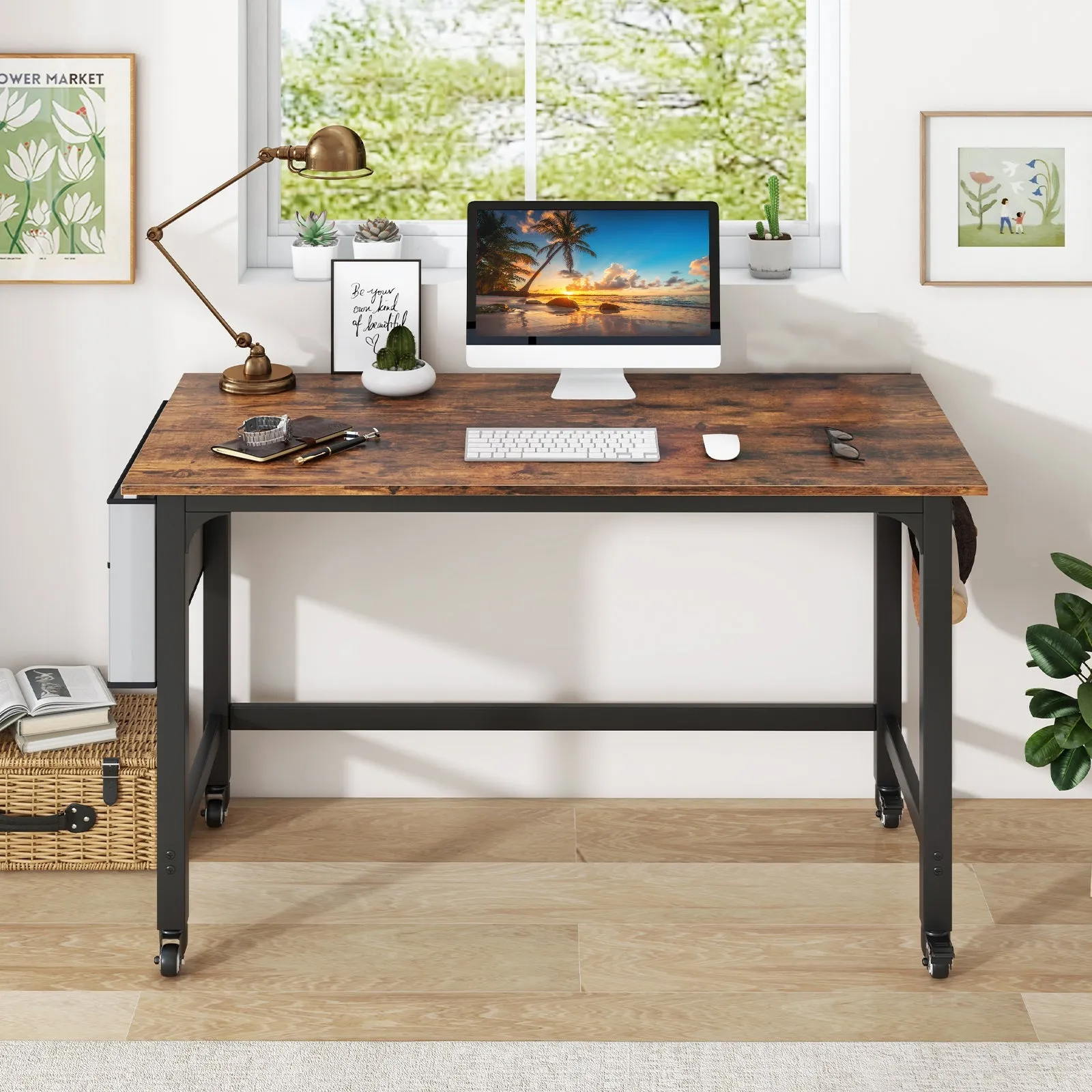 120cm Mobile Computer Desk with Storage Bag and 2 Headphone Hooks-Rustic Brown