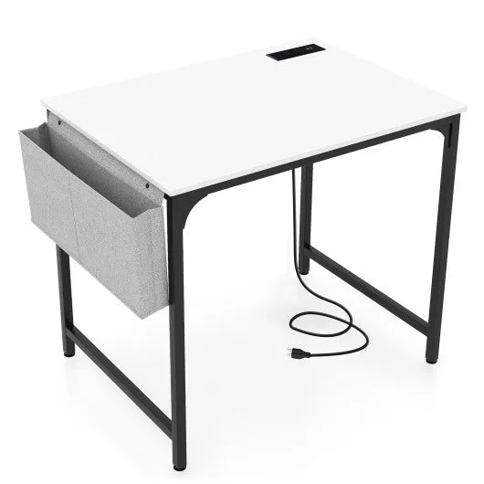 32 Inch Computer Desk Small Home Office Desk with Charging Station-White