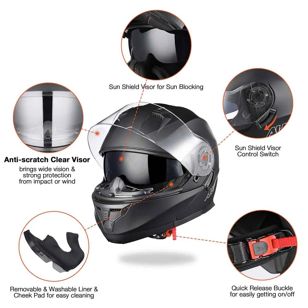 AHR RUN-M3 Modular Helmet w/ Bluetooth Flip Up DOT Matte Black