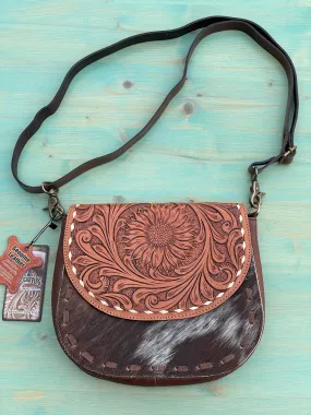 American Darling ADBGA211A Tooled Leather Hair on Hide Crossbody Purse, Brown