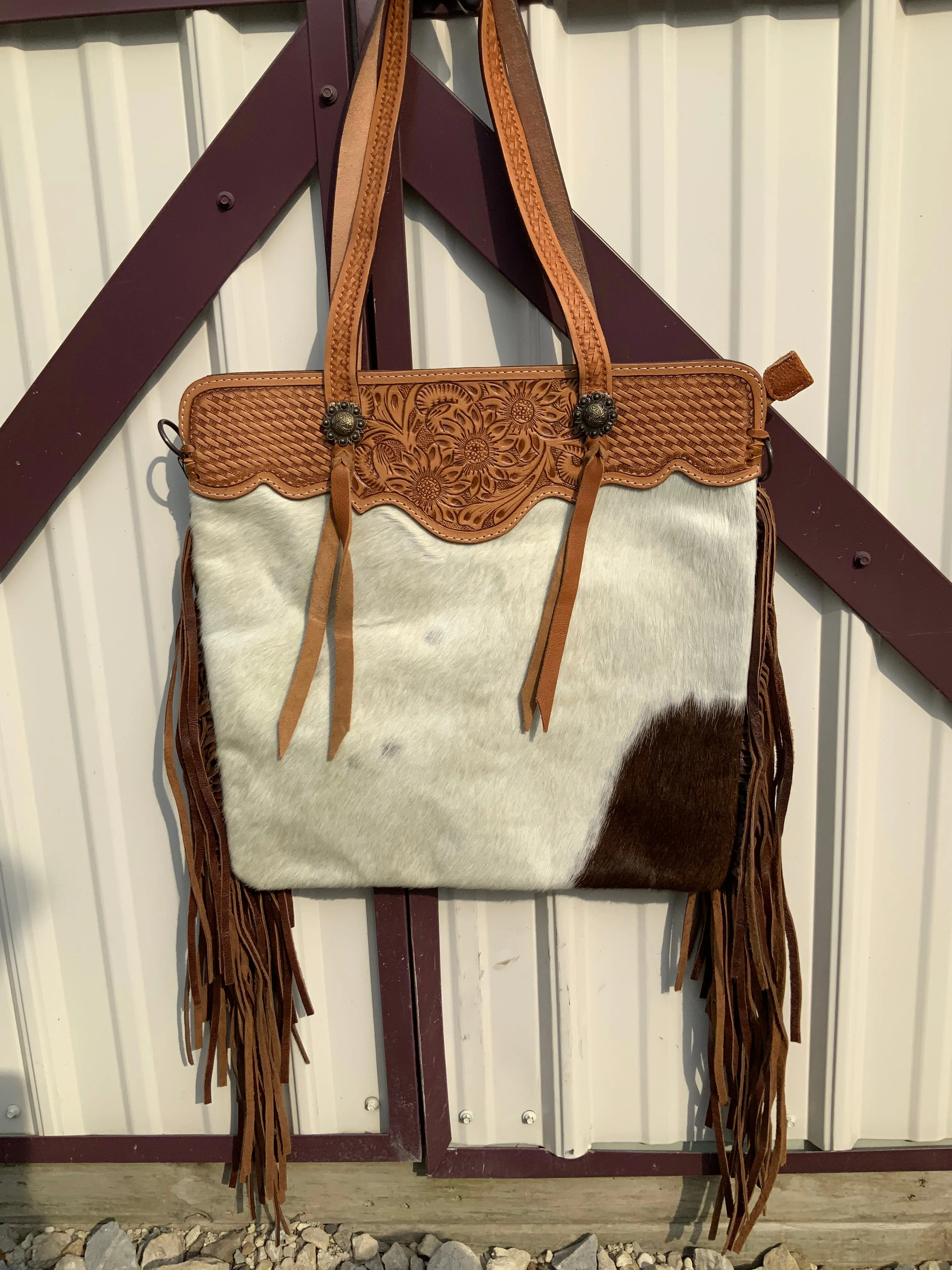 American Darling Cowhide w/ Tooled Trim & Brown Fringe Shoulder Bag ADBGS113BRW