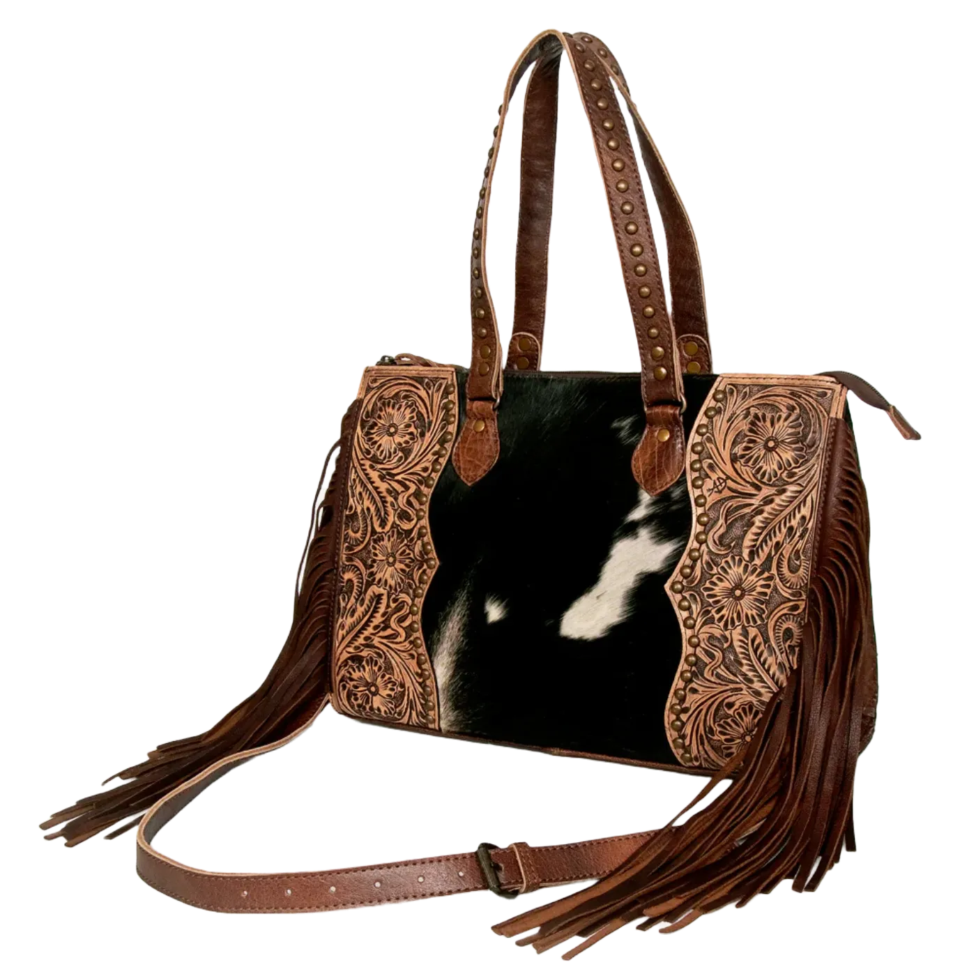 American Darling® Floral Embossed Hair On Brown Leather Bag ADBG930