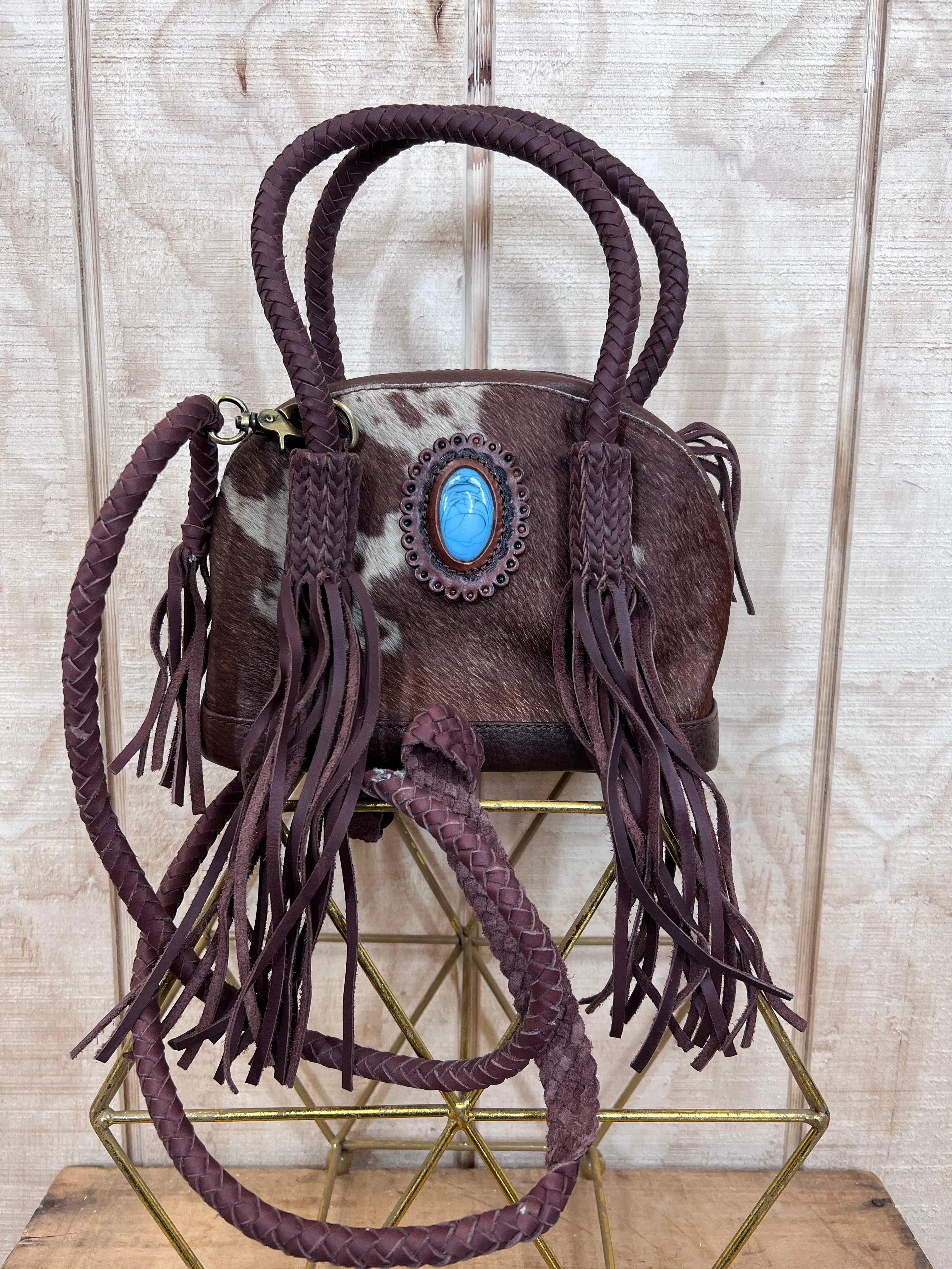 American Darling Hair On Cowhide Brown Leather With Fringe Crossbody Bag ADBGD130B