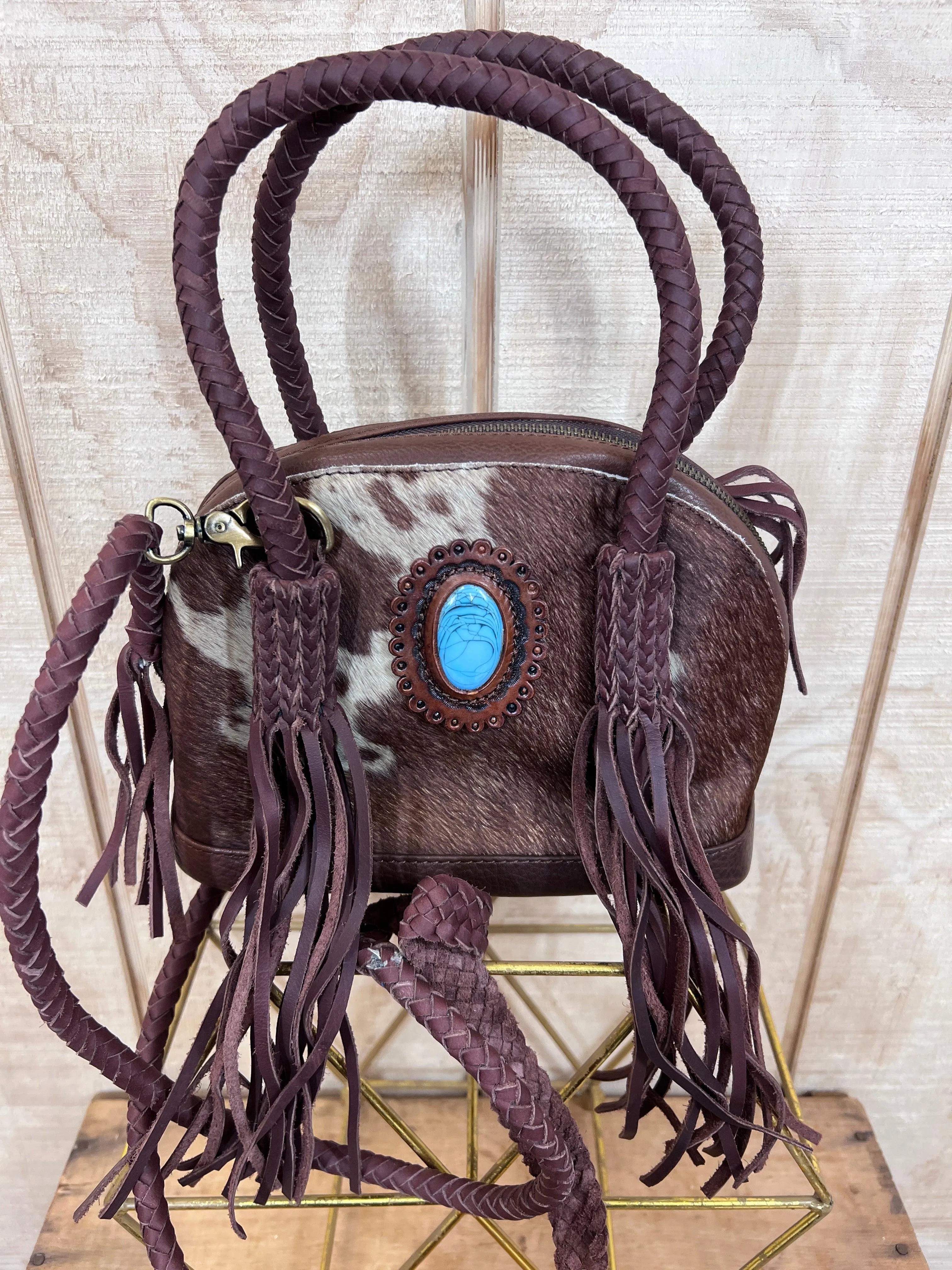 American Darling Hair On Cowhide Brown Leather With Fringe Crossbody Bag ADBGD130B