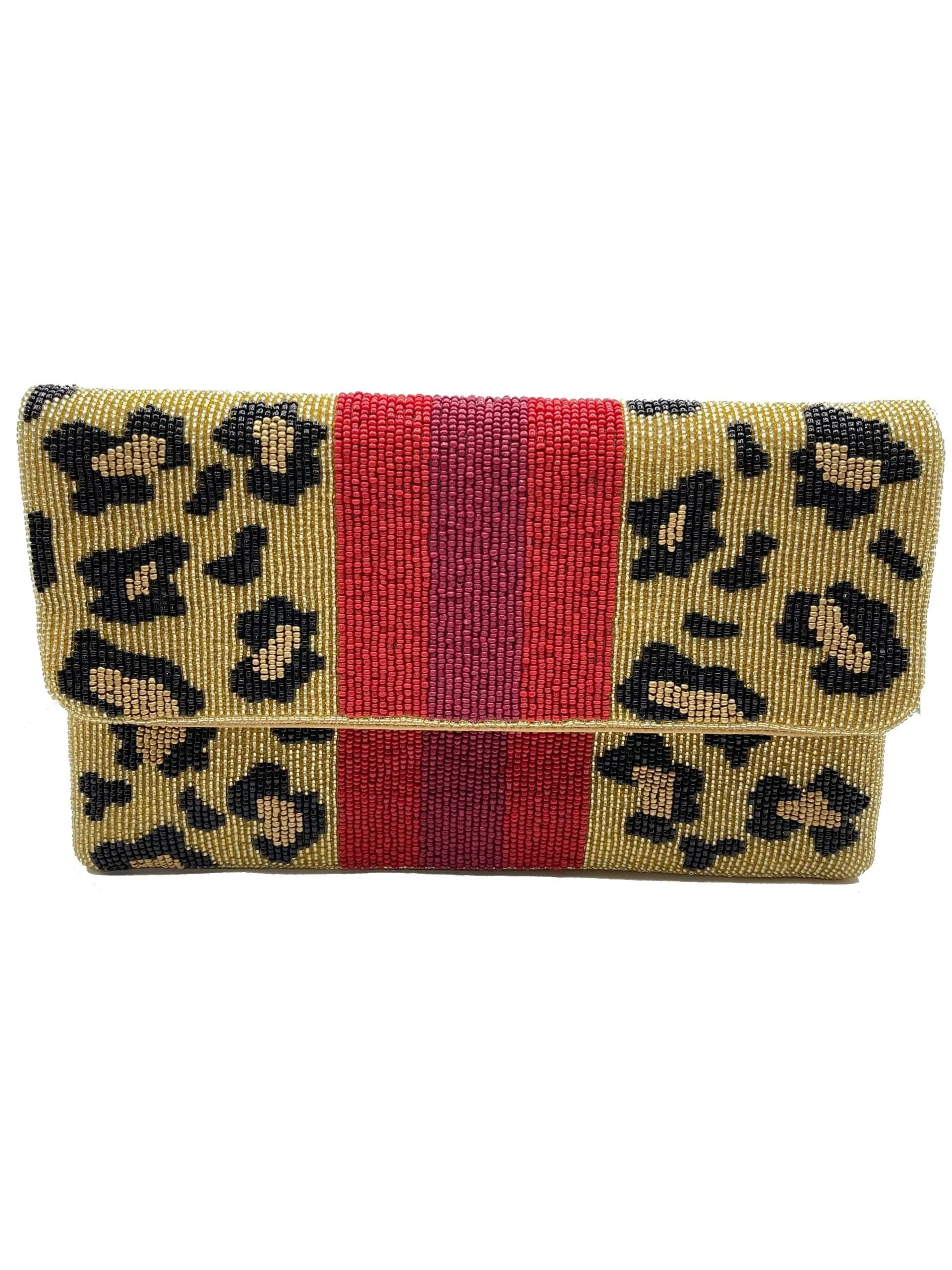 Animal Print & Stripe Beaded Clutch