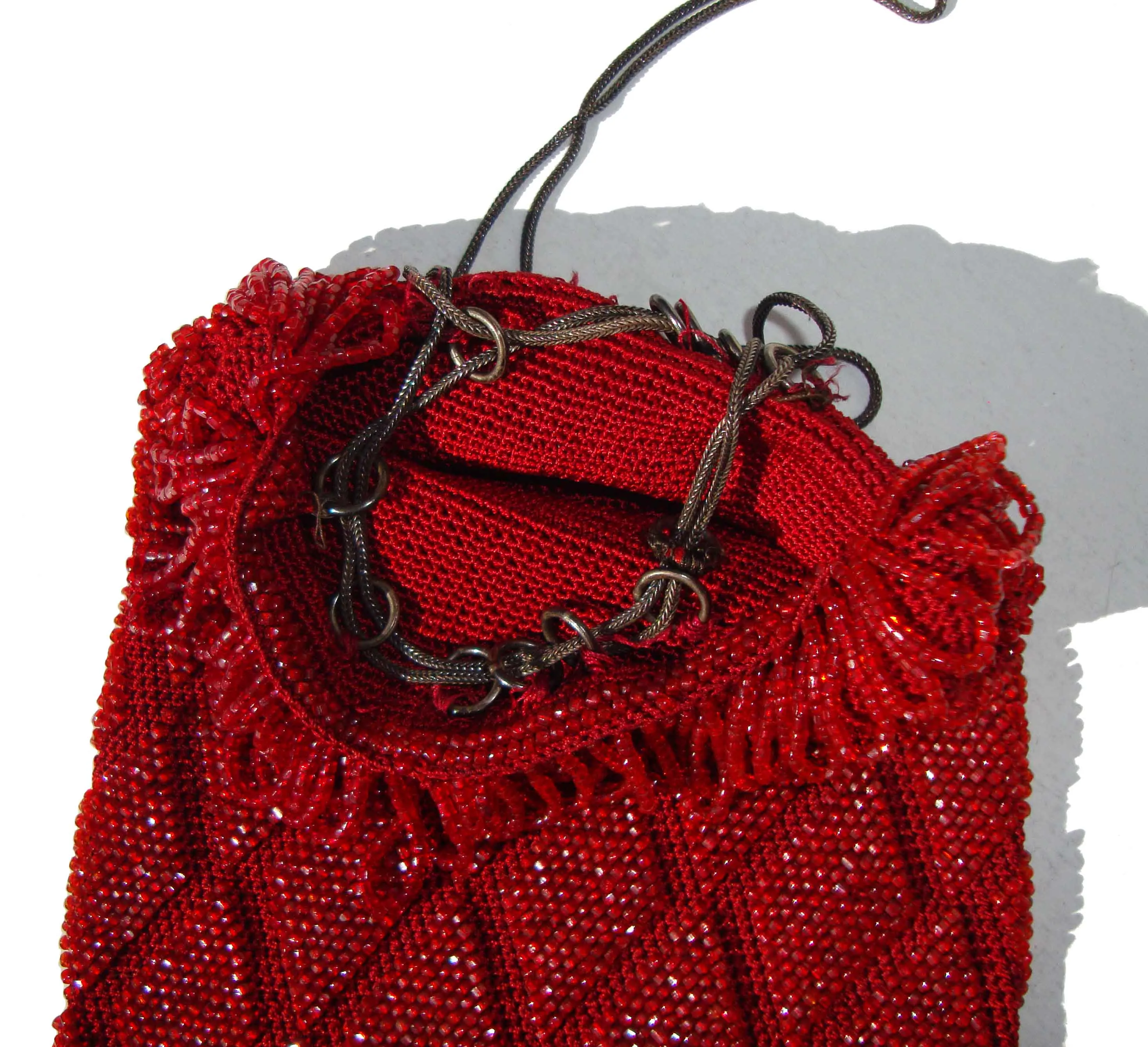 Antique 1920s Red Micro Beaded Purse Flapper Reticule Wristlet Bag