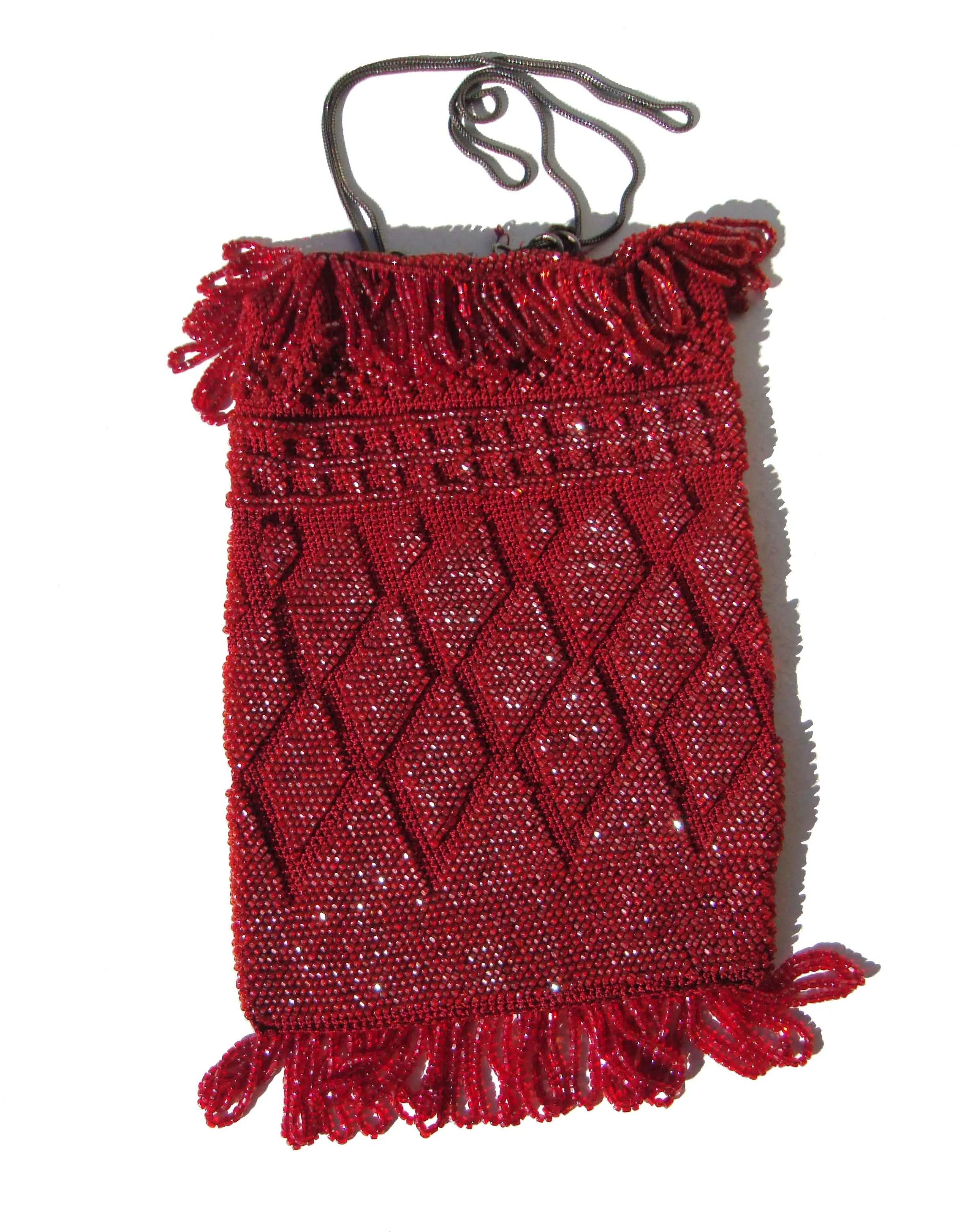 Antique 1920s Red Micro Beaded Purse Flapper Reticule Wristlet Bag