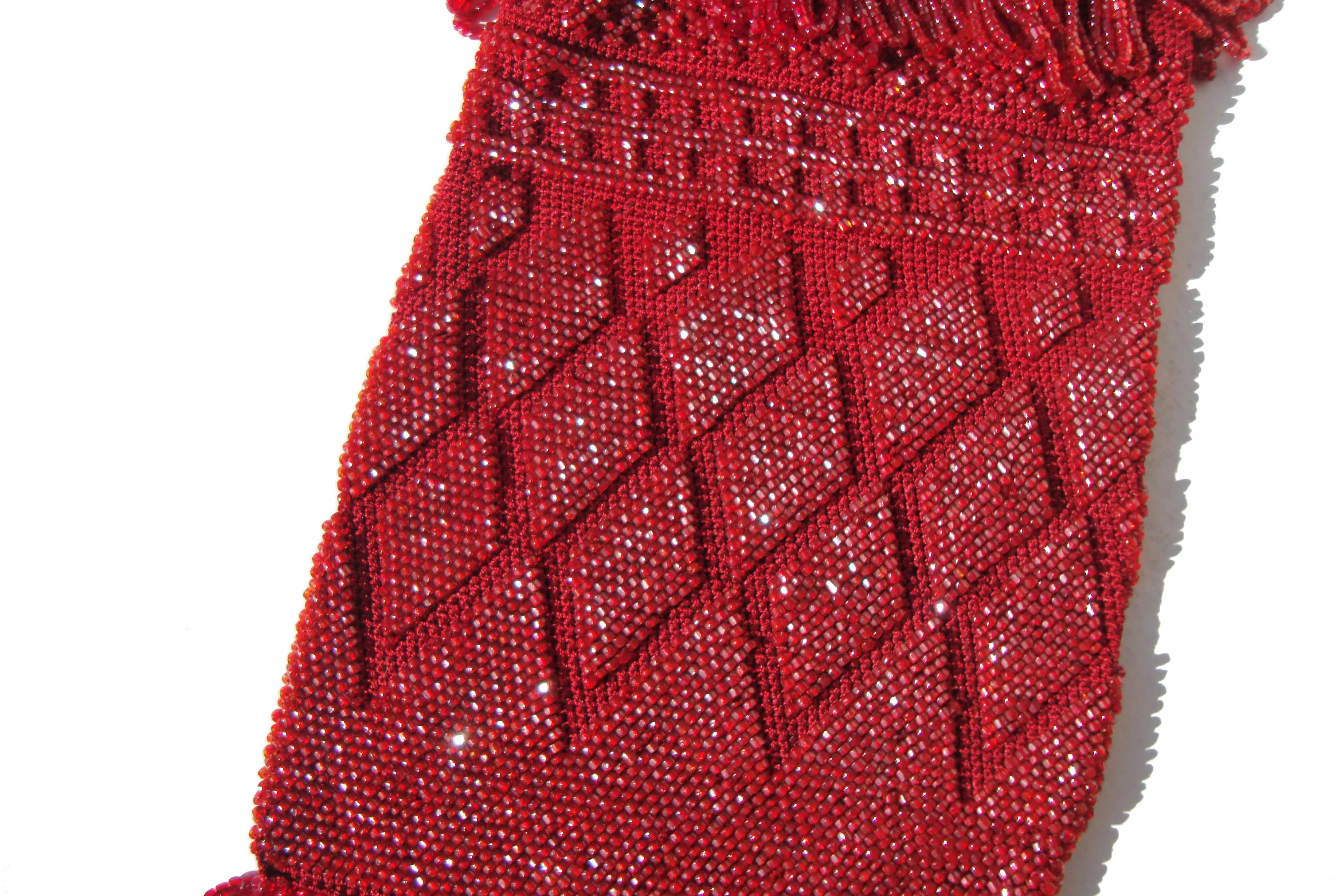 Antique 1920s Red Micro Beaded Purse Flapper Reticule Wristlet Bag