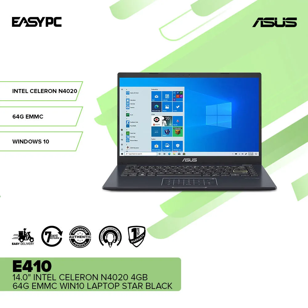 Asus E410 14.0" Intel Celeron N4020/4GB/64G EMMC/Win10 Laptop Star Black PS