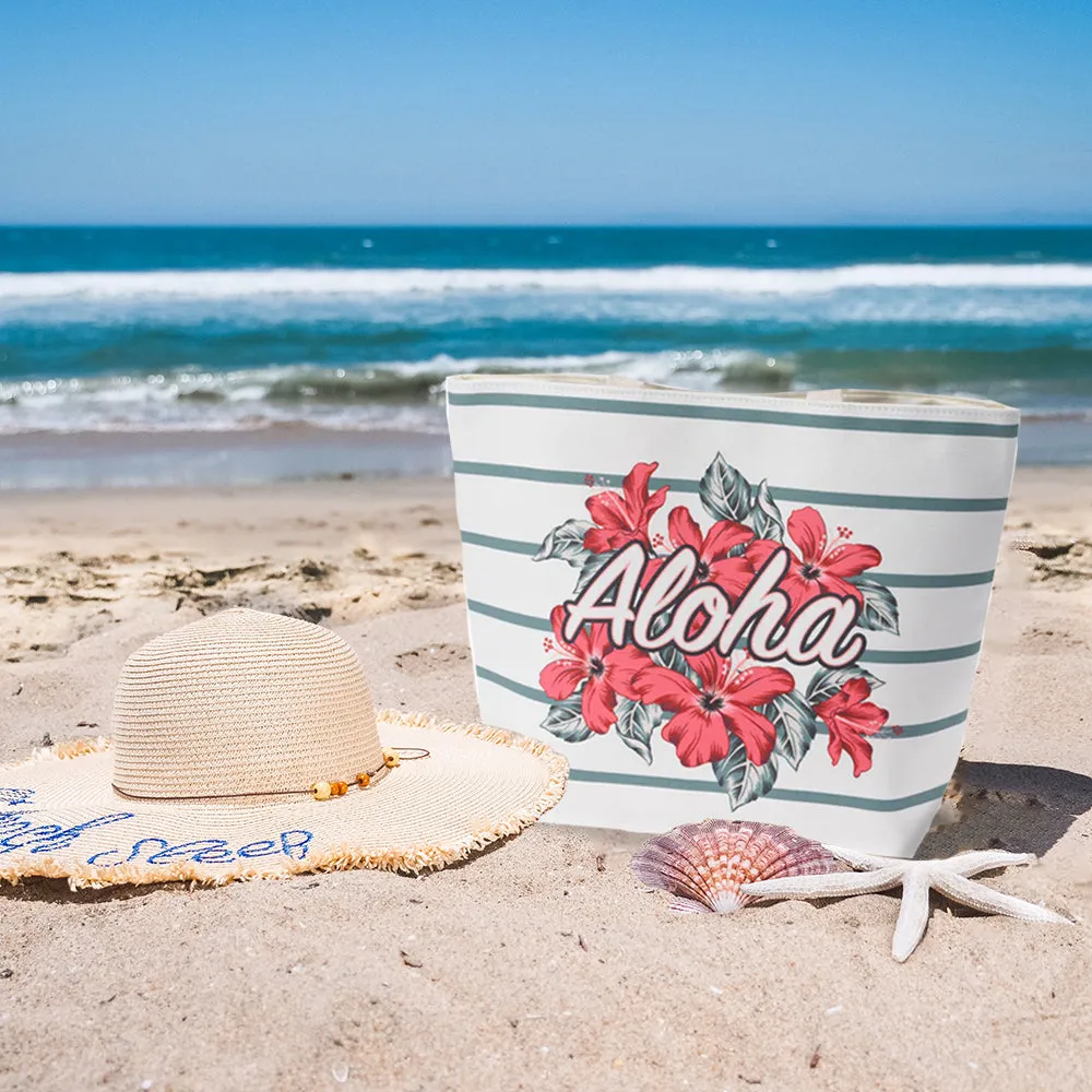 Beach Tote Bag with Aloha Print and Floral Design