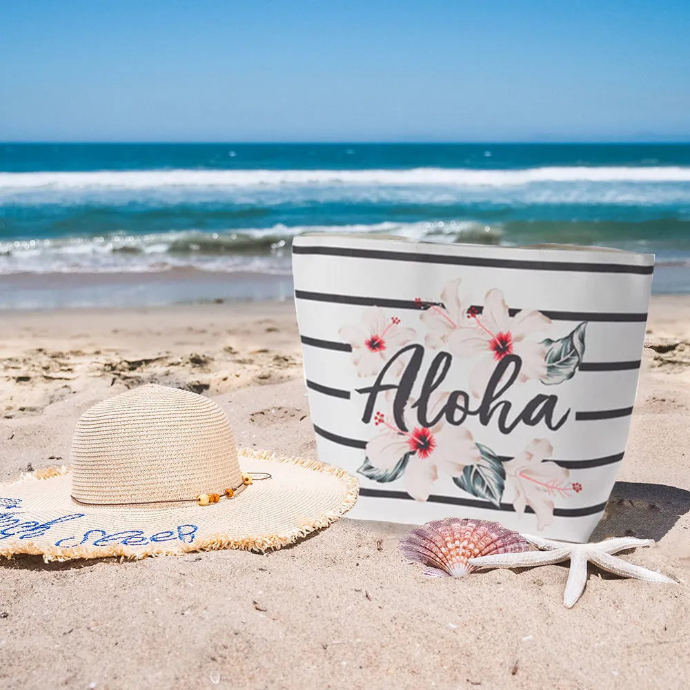 Beach Tote Bag with Aloha Print and Floral Design