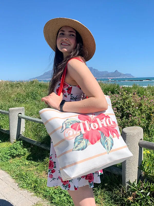 Beach Tote Bag with Aloha Print and Floral Design