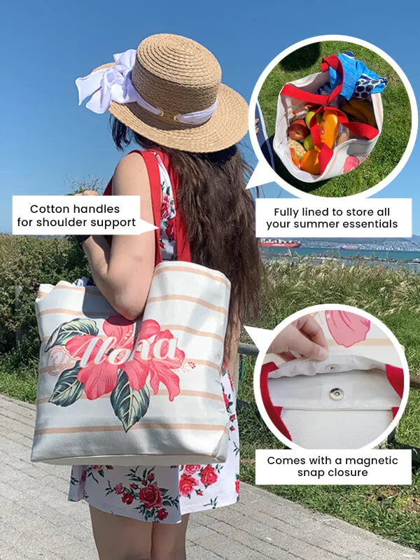 Beach Tote Bag with Aloha Print and Floral Design