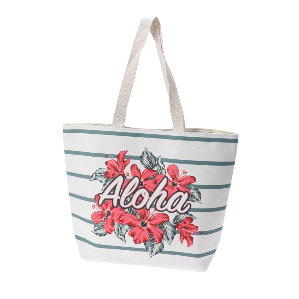 Beach Tote Bag with Aloha Print and Floral Design