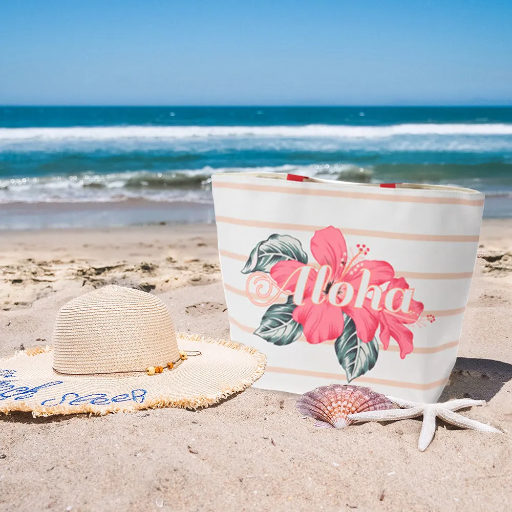 Beach Tote Bag with Aloha Print and Floral Design