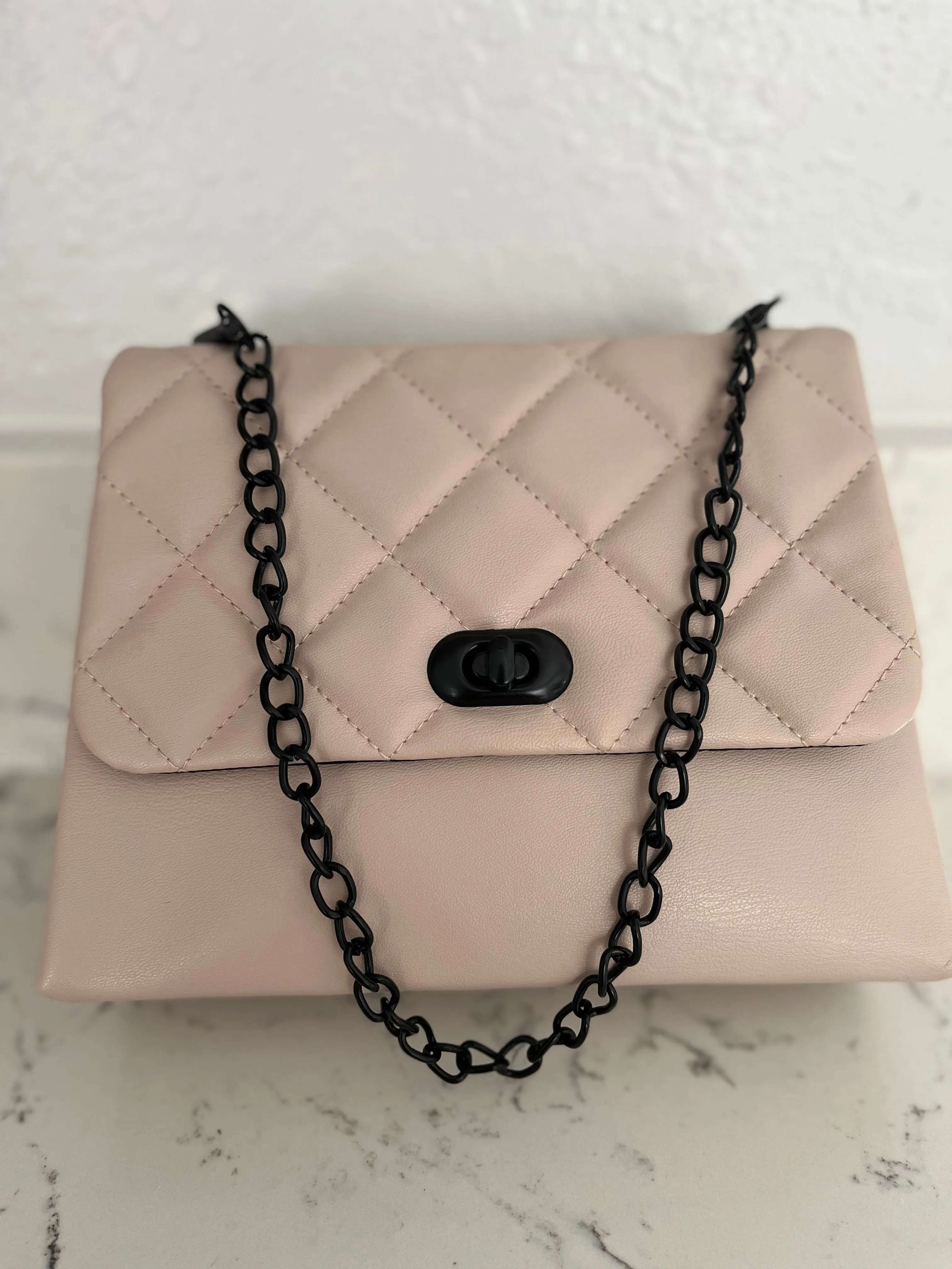 Beige Square Quilted Chain Purse