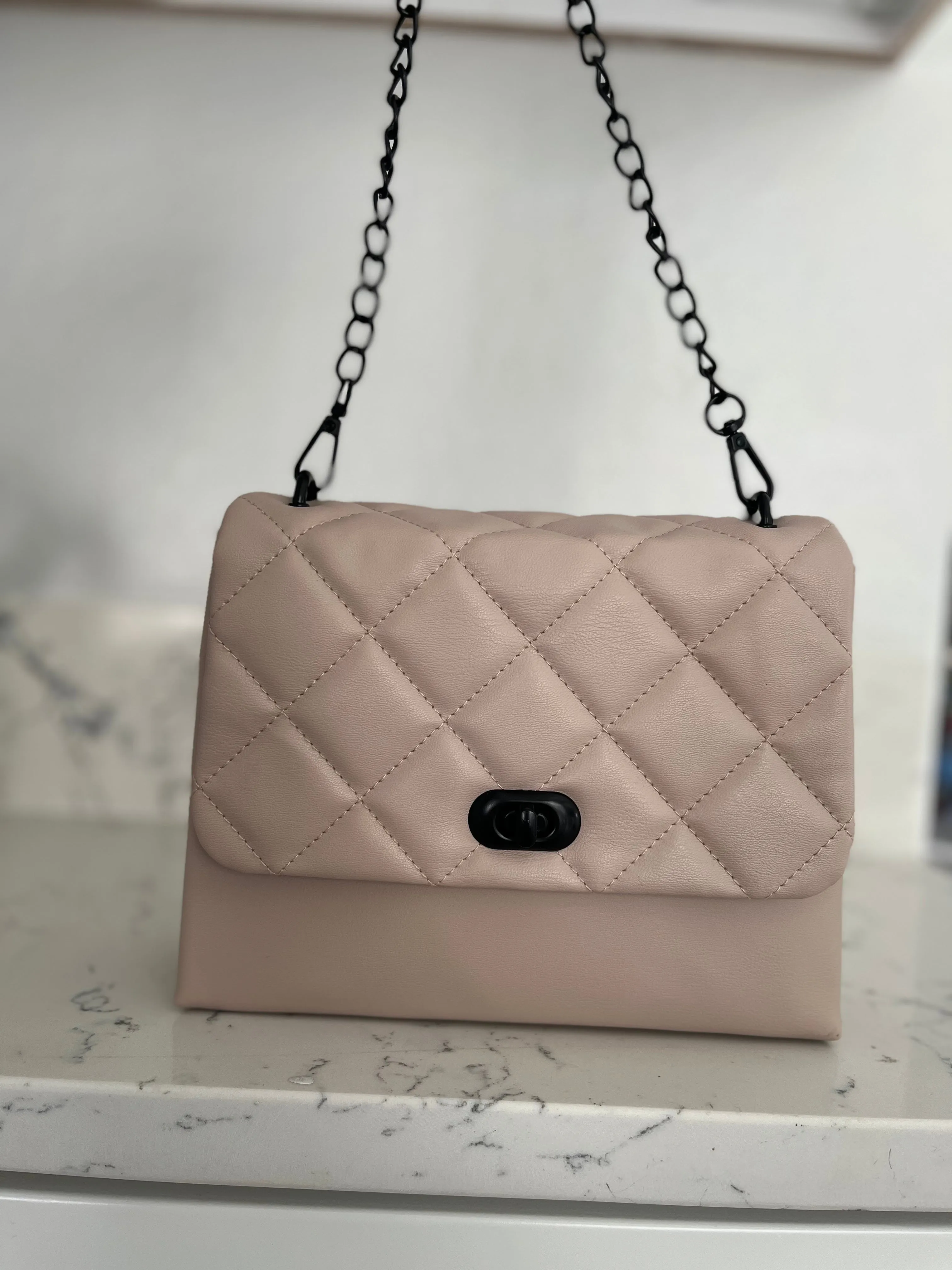 Beige Square Quilted Chain Purse