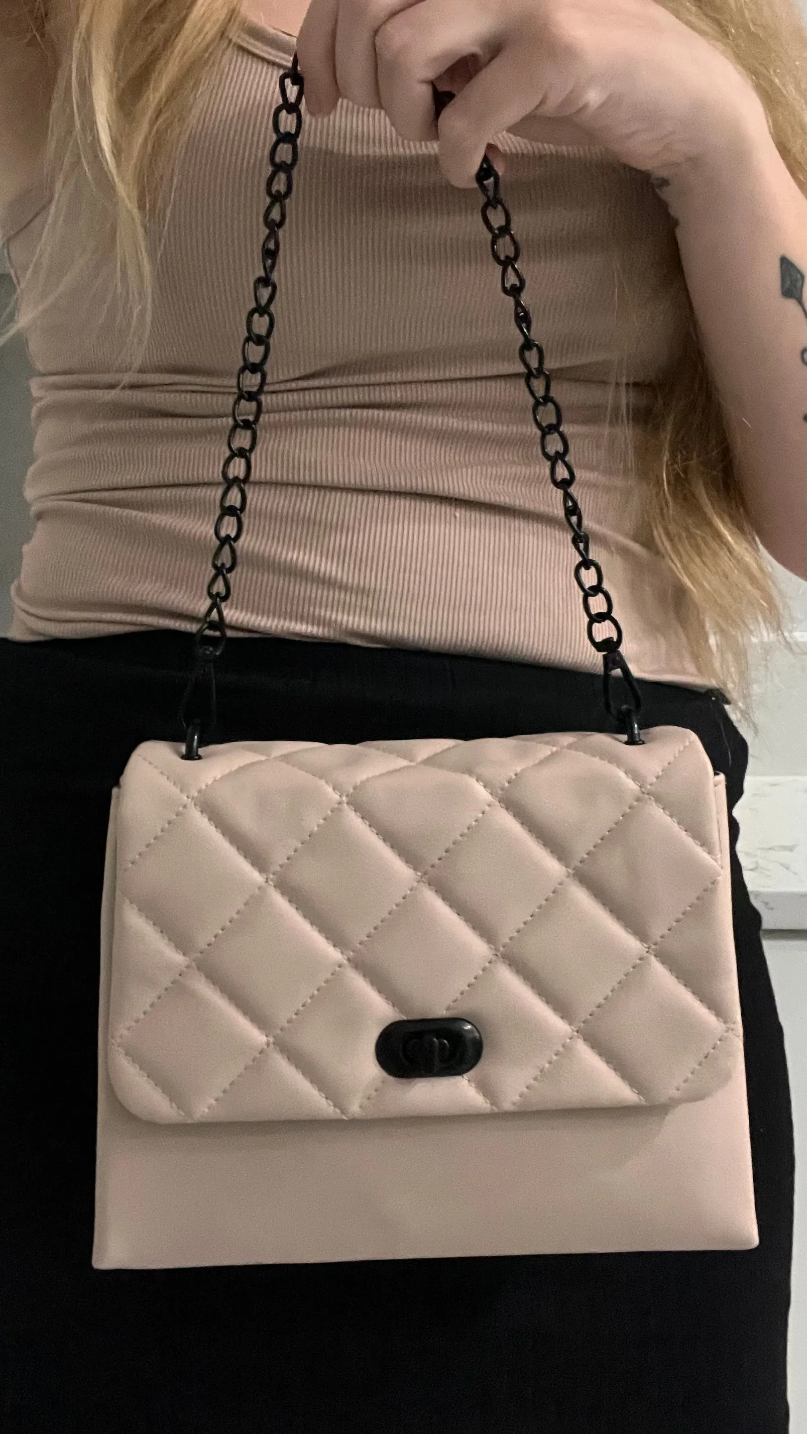 Beige Square Quilted Chain Purse