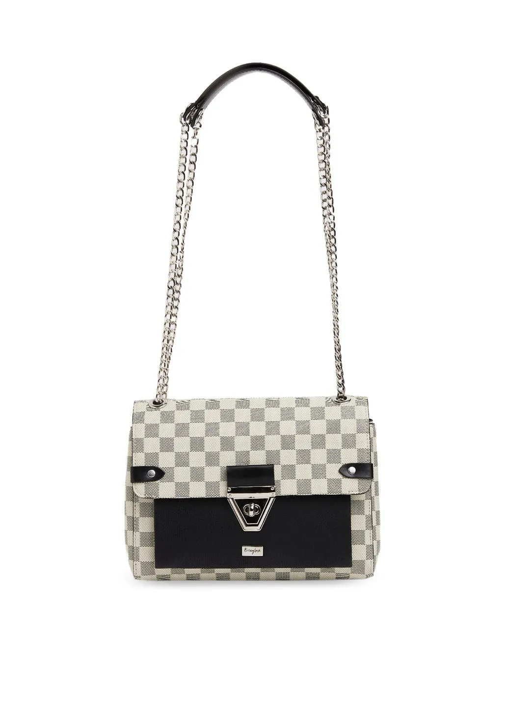 Berrylush Women Off-White & Black Check Printed Polyester Structured Sling Bag