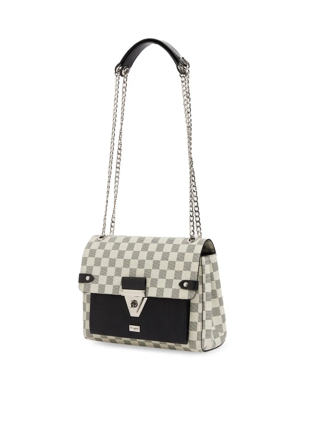 Berrylush Women Off-White & Black Check Printed Polyester Structured Sling Bag