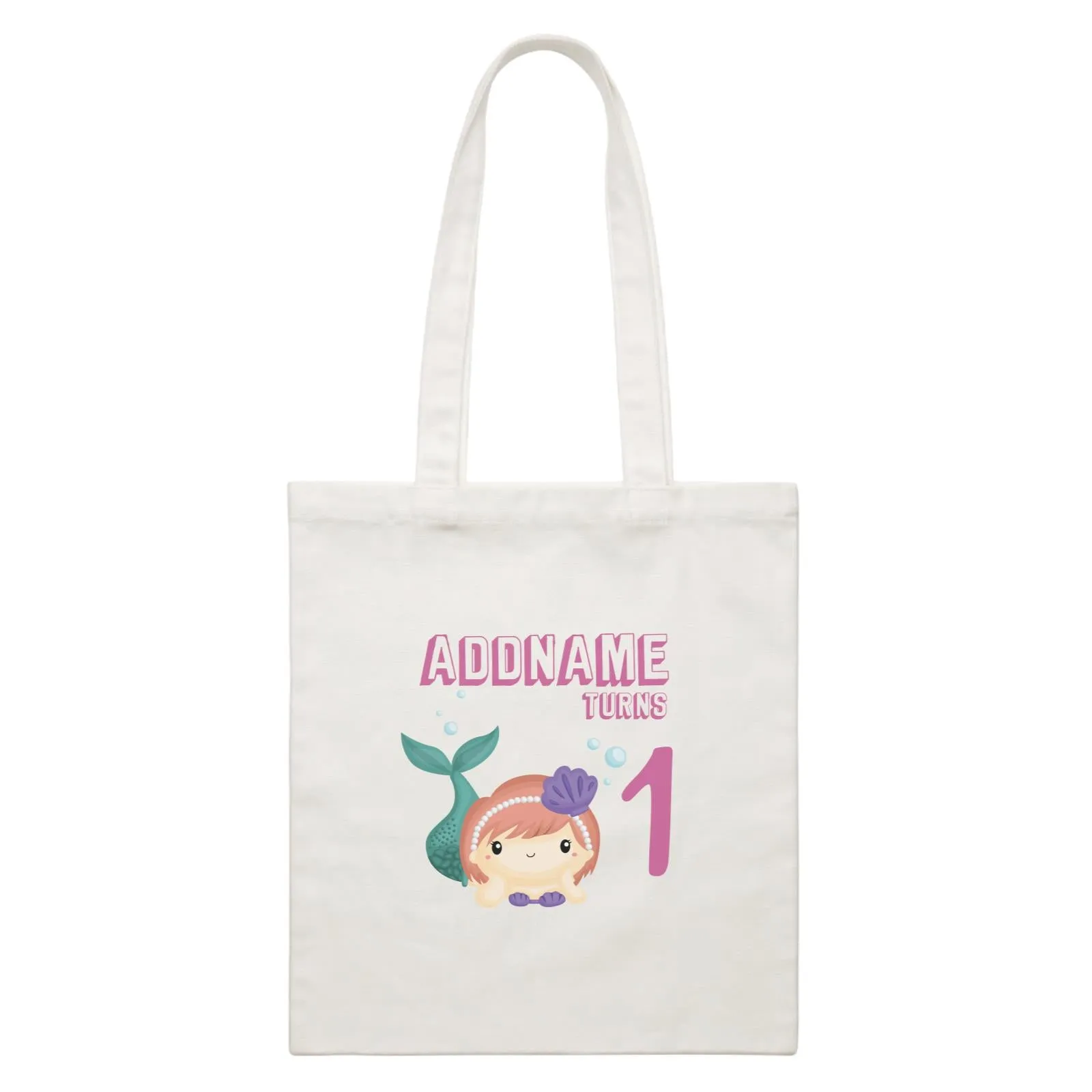 Birthday Mermaid Peach Short Hair Mermaid Laying Addname Turns 1 White Canvas Bag