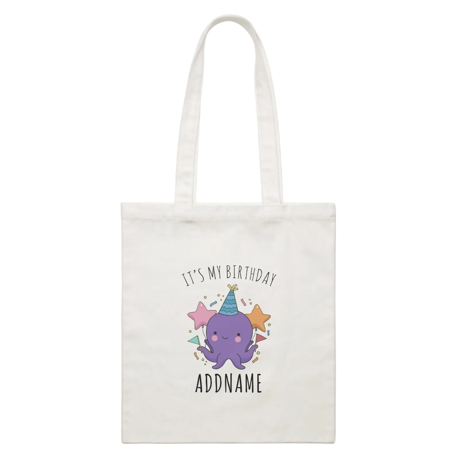 Birthday Sketch Animals Octopus with Flags It's My Birthday Addname White Canvas Bag