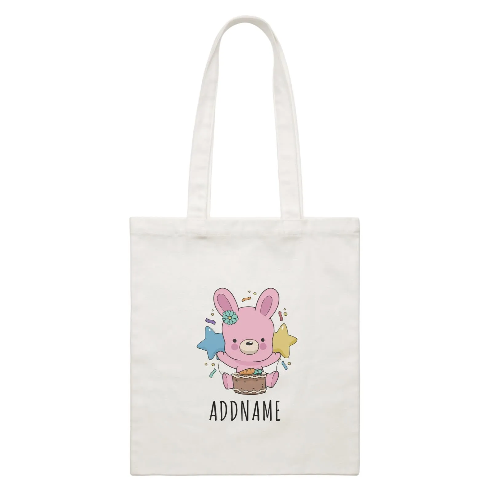 Birthday Sketch Animals Rabbit with Carrot Cake Addname White Canvas Bag