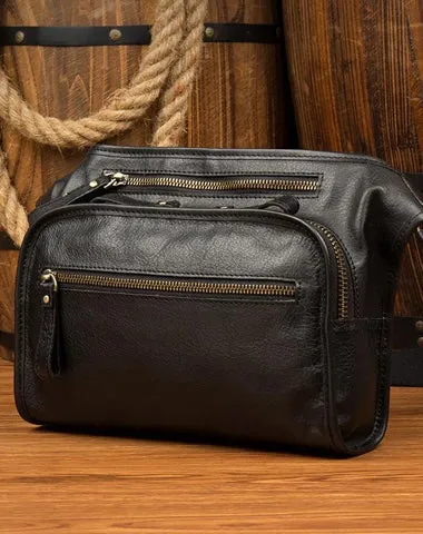 Black Leather Fanny Pack Mens Waist Bag Hip Pack Belt Bag Bumbag for Men