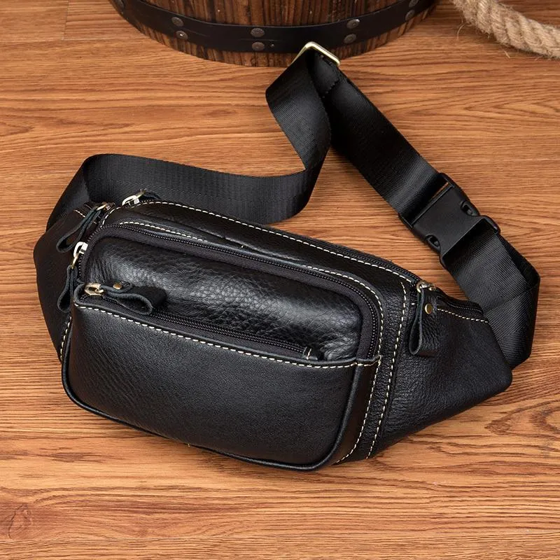 Black Leather Mens Fanny Pack Dark Brown Waist Bag Hip Pack Belt Bag Bumbag for Men