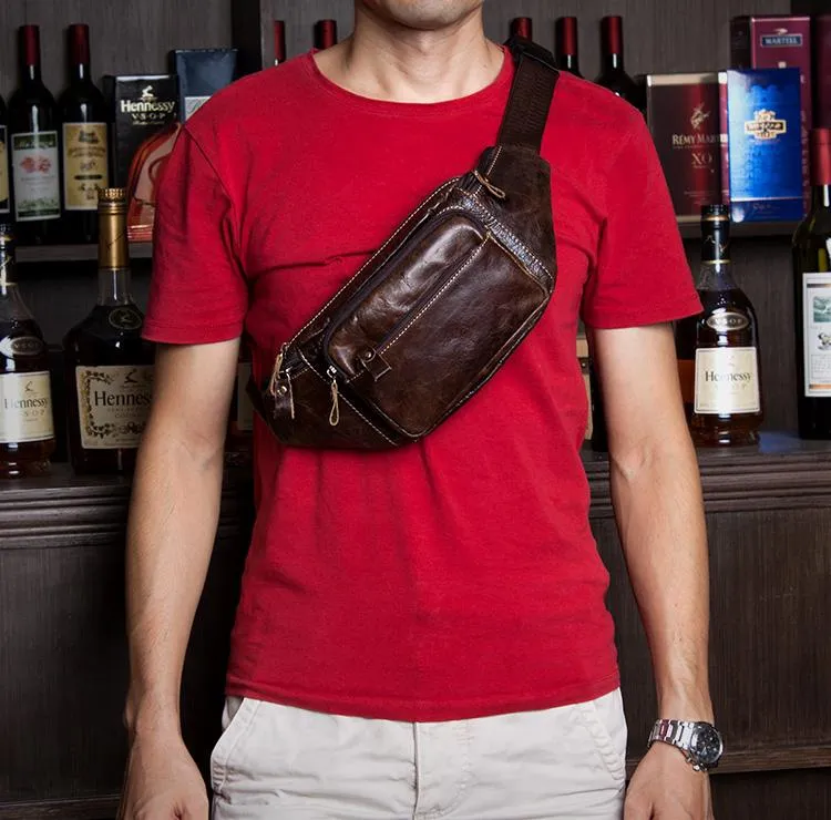 Black Leather Mens Fanny Pack Dark Brown Waist Bag Hip Pack Belt Bag Bumbag for Men