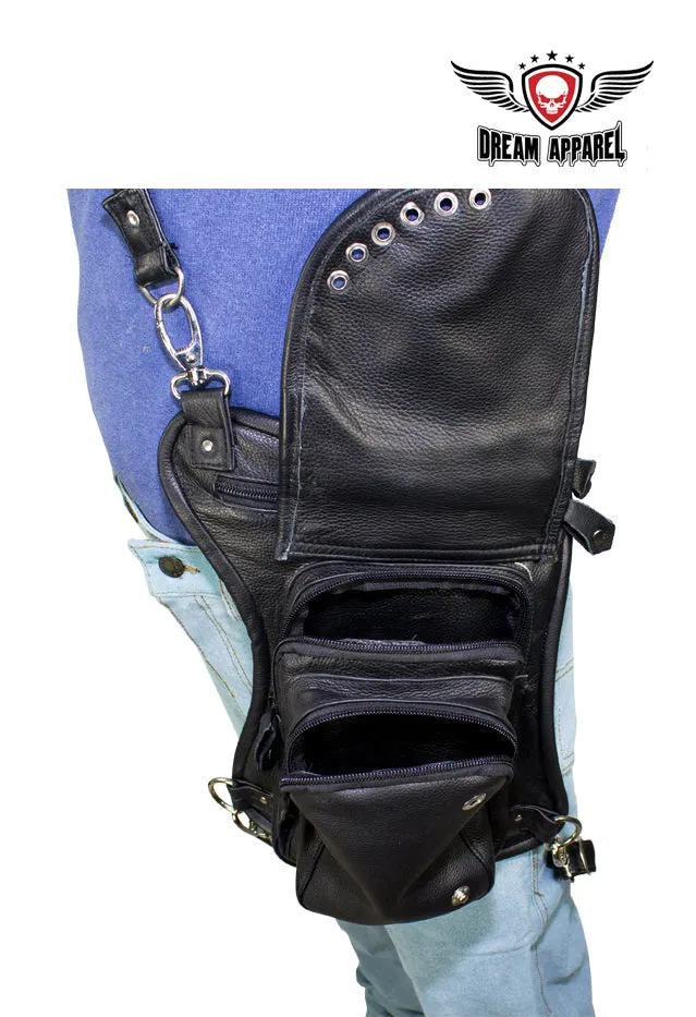 Black Naked Cowhide Leather Thigh Bag W/ Gun Pocket