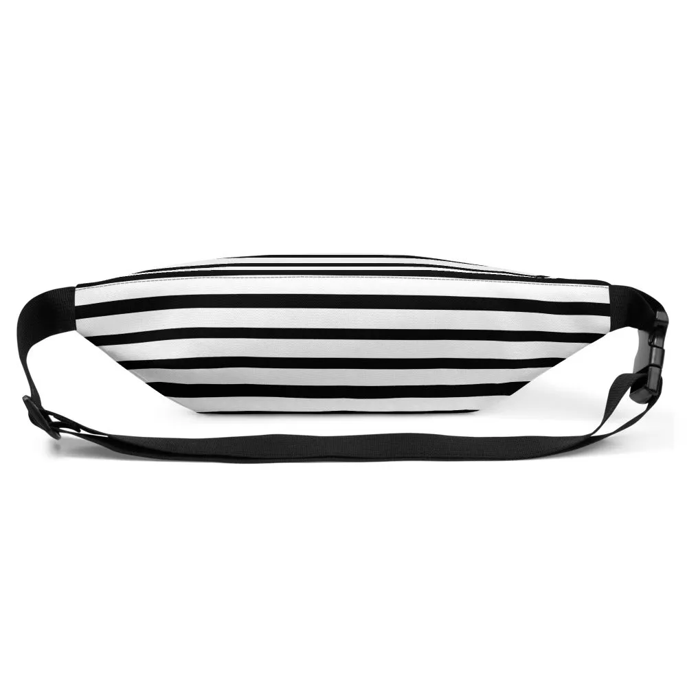 Black Striped Fanny Pack, White Best Horizontal Stripe Shoulder Bag- Made in USA/EU