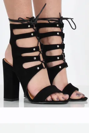 Black Suede Block Lace Up Heel- Daisy