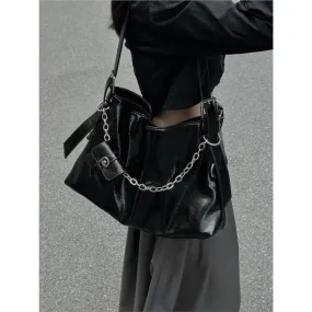 Black Vintage Underarm Bag Women Harajuku Chain Decorative Shoulder Bag With Headphone Bag Large Capacity Tote Bag Y2k