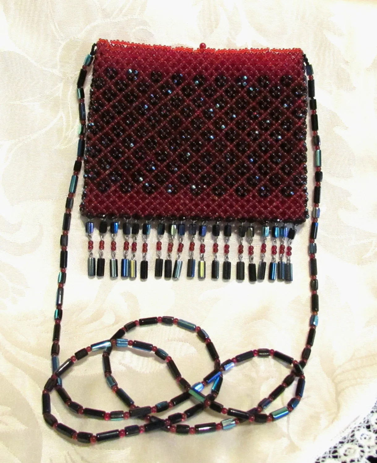 Boho 1960's Handmade Czech Glass Beaded Purse Bohemian Handbag Hippie Retro Red Black Beads Mint Condition