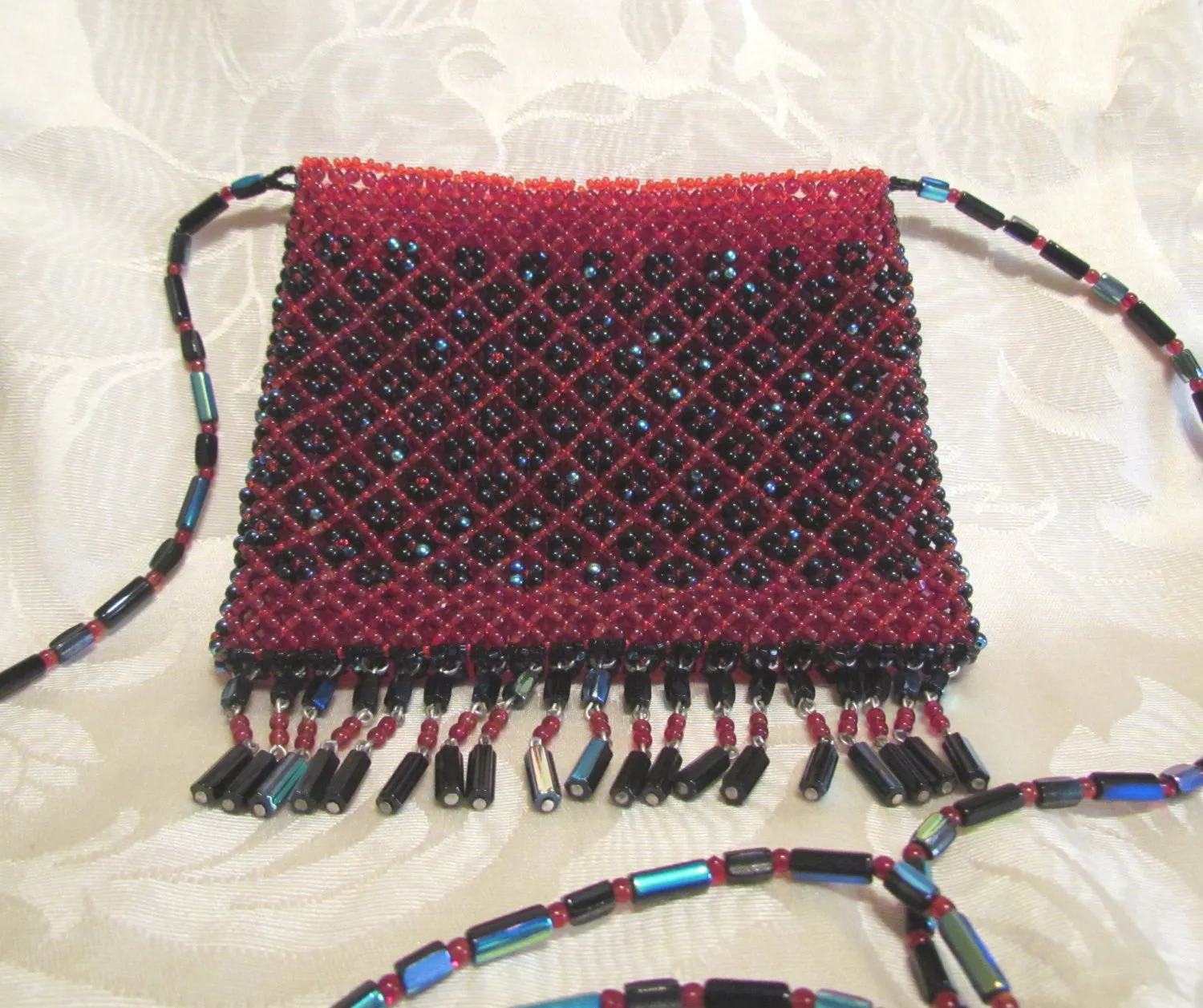 Boho 1960's Handmade Czech Glass Beaded Purse Bohemian Handbag Hippie Retro Red Black Beads Mint Condition