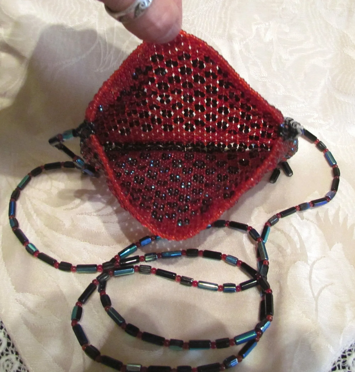 Boho 1960's Handmade Czech Glass Beaded Purse Bohemian Handbag Hippie Retro Red Black Beads Mint Condition