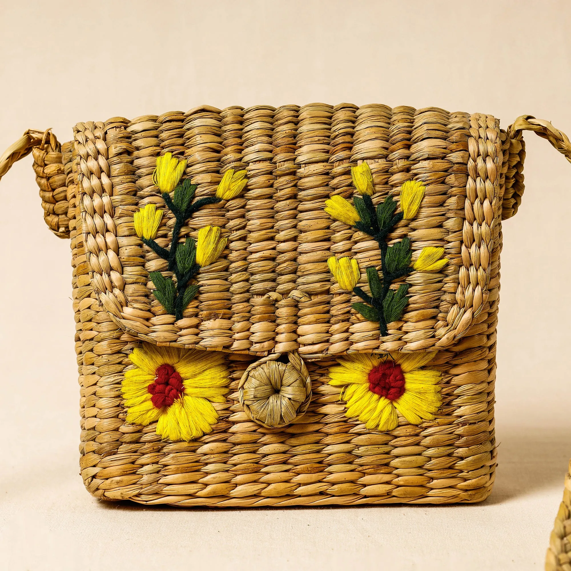 Brown - Handcrafted Natural Water Reed Embroidered Sling Bag