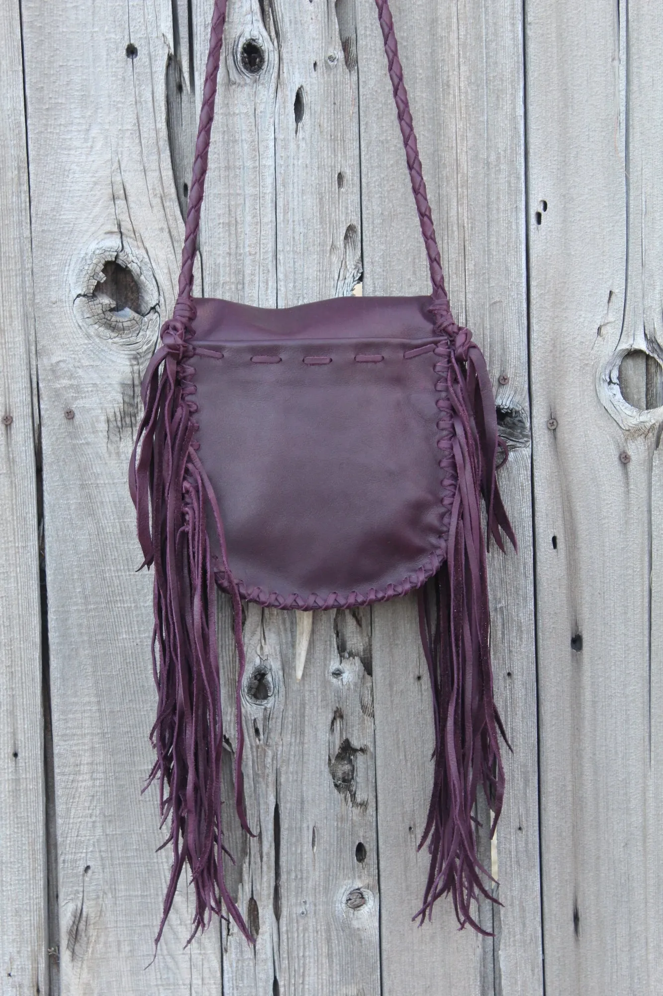 Burgundy crossbody handbag with fringe , Fringed leather purse