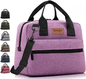 Buringer Insulated Lunch Bag Box Cooler Totes Handbag with Front and Back Pockets For Man and Woman Work Shopping (Purple with Shoulder Strap)