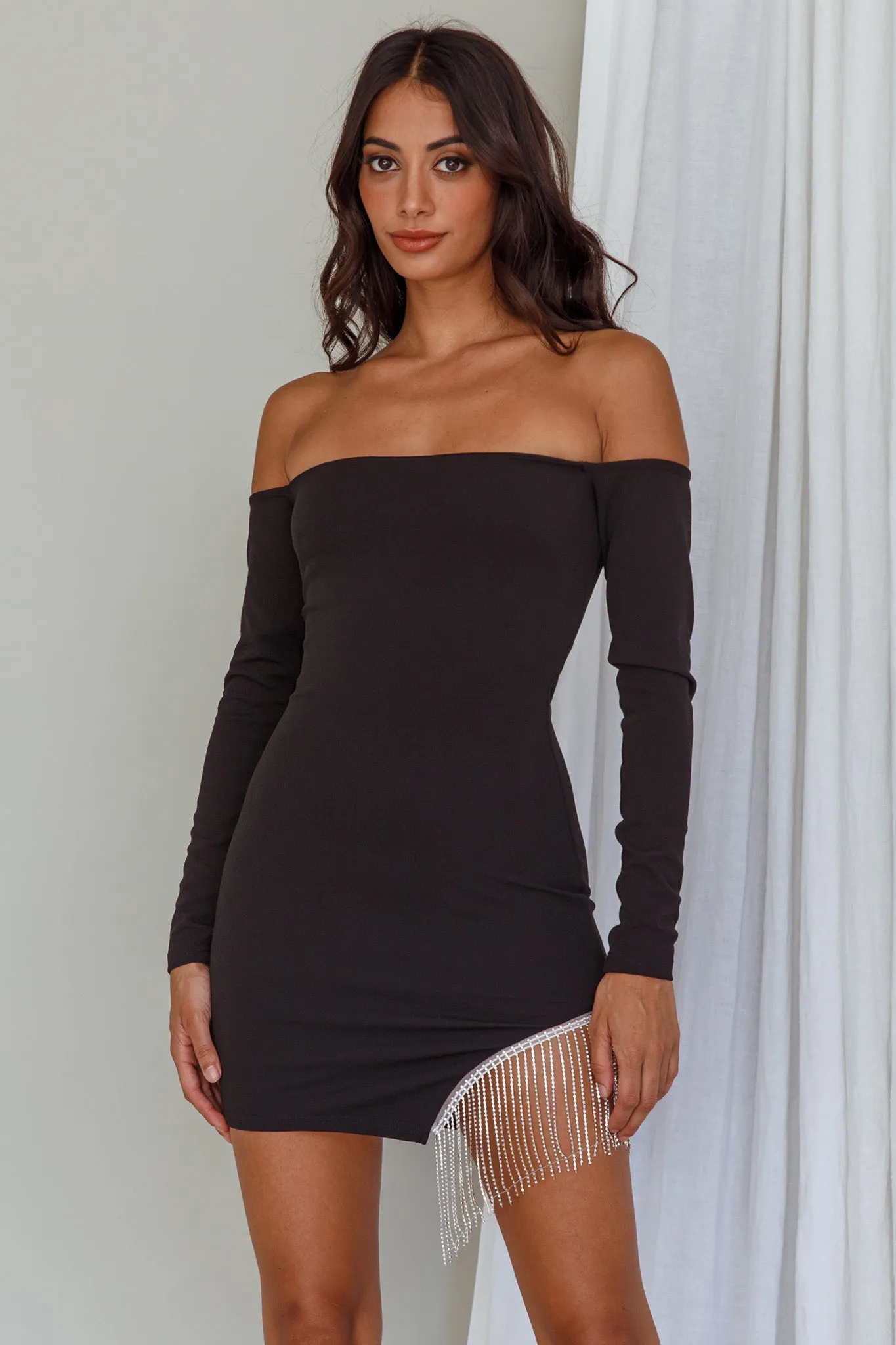 Call On Me Diamante Off-Shoulder Mini Dress Black