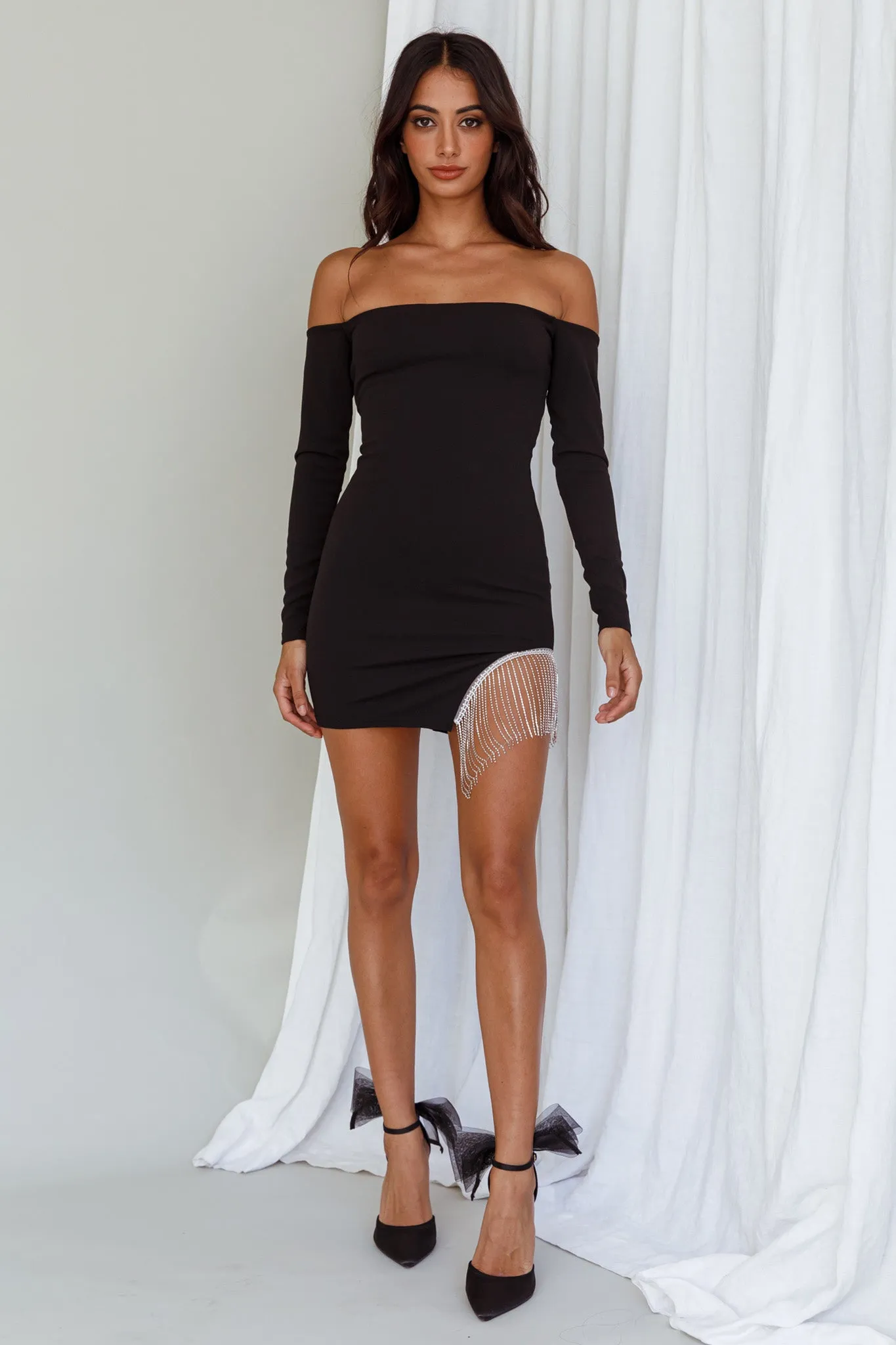 Call On Me Diamante Off-Shoulder Mini Dress Black