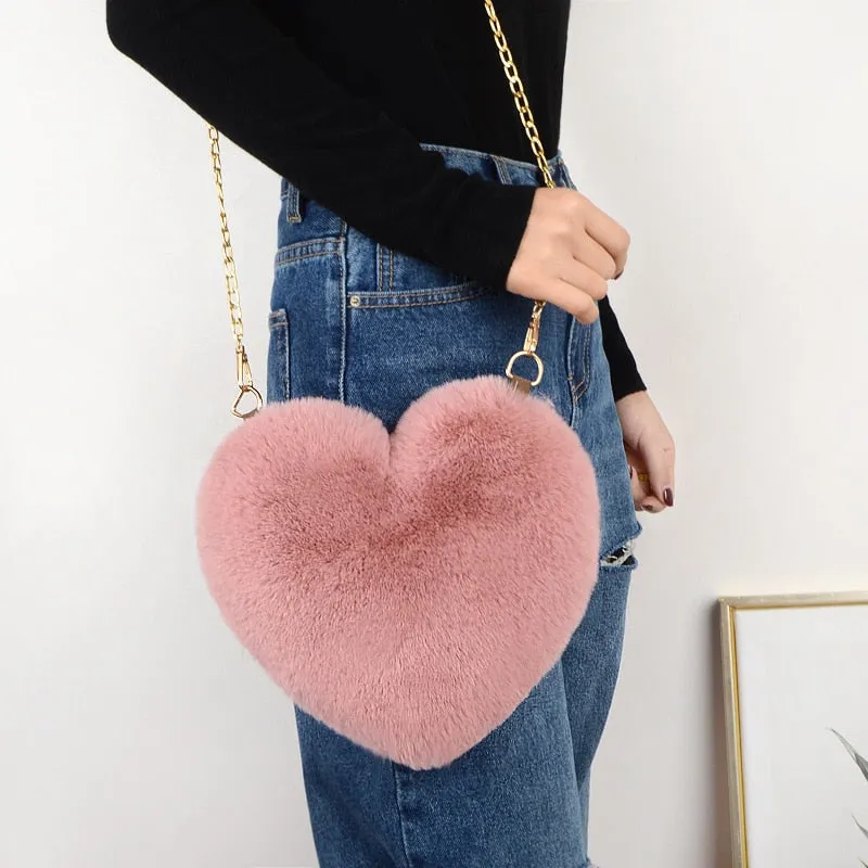 Cellphone Purse Plush Heart Shaped Crossbody Bag with Chain Cute Fluffy Shoulder Bag for Women