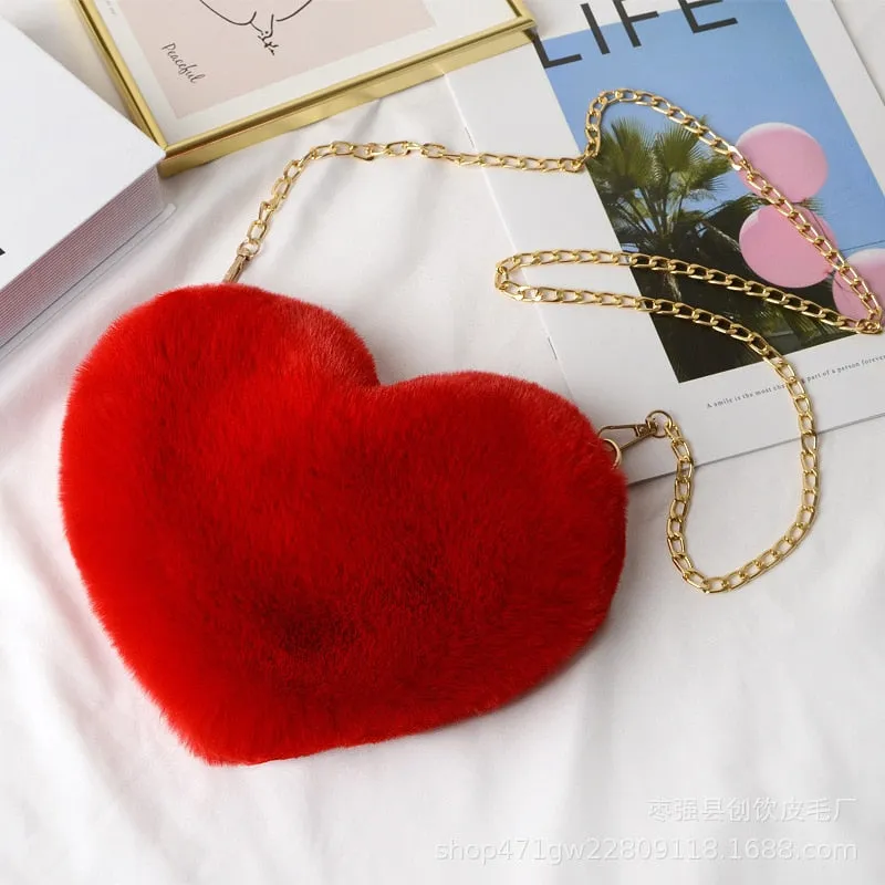 Cellphone Purse Plush Heart Shaped Crossbody Bag with Chain Cute Fluffy Shoulder Bag for Women