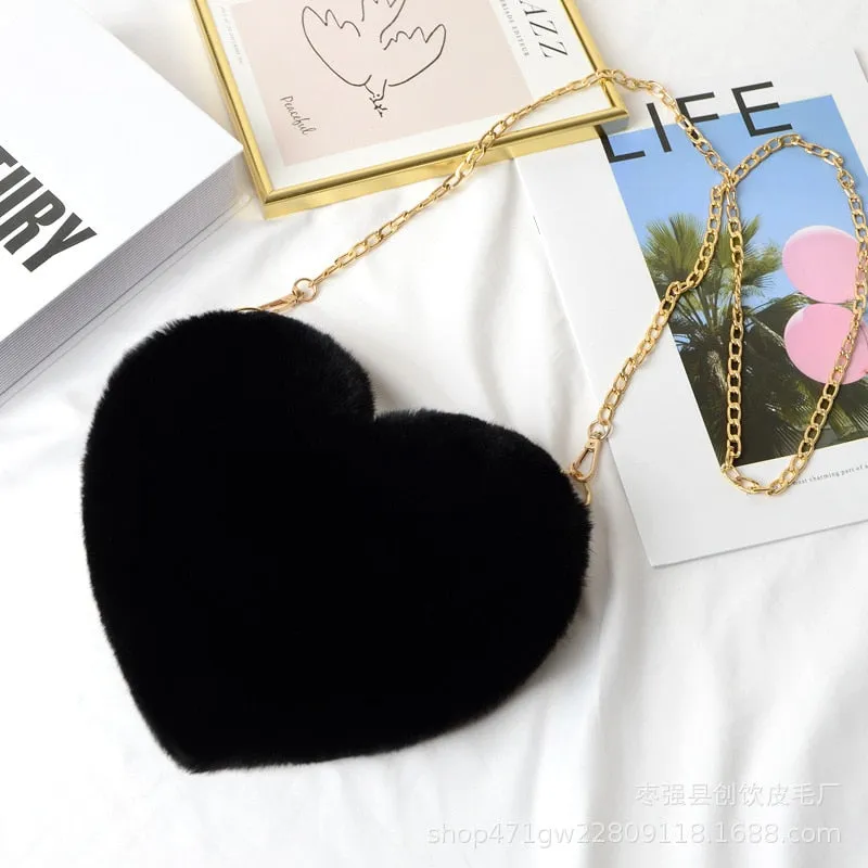 Cellphone Purse Plush Heart Shaped Crossbody Bag with Chain Cute Fluffy Shoulder Bag for Women