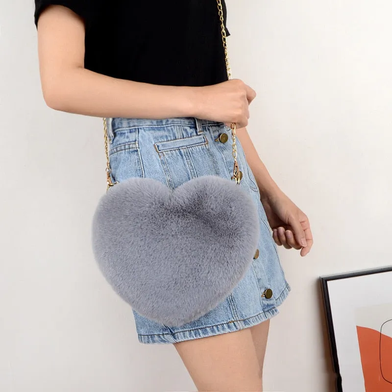 Cellphone Purse Plush Heart Shaped Crossbody Bag with Chain Cute Fluffy Shoulder Bag for Women