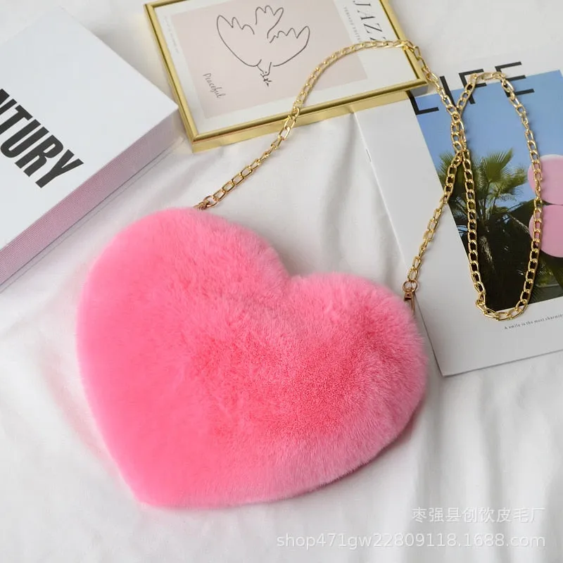 Cellphone Purse Plush Heart Shaped Crossbody Bag with Chain Cute Fluffy Shoulder Bag for Women