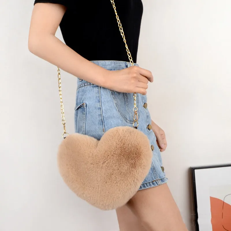 Cellphone Purse Plush Heart Shaped Crossbody Bag with Chain Cute Fluffy Shoulder Bag for Women