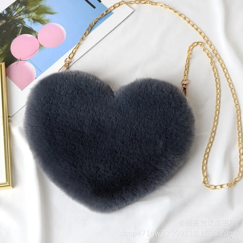 Cellphone Purse Plush Heart Shaped Crossbody Bag with Chain Cute Fluffy Shoulder Bag for Women